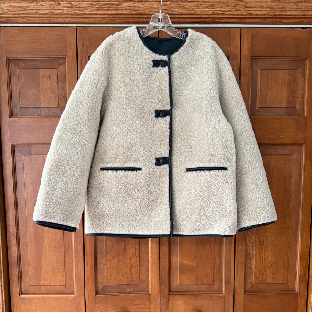 Mango Cream Teddy Jacket with Black Faux Leather Trim